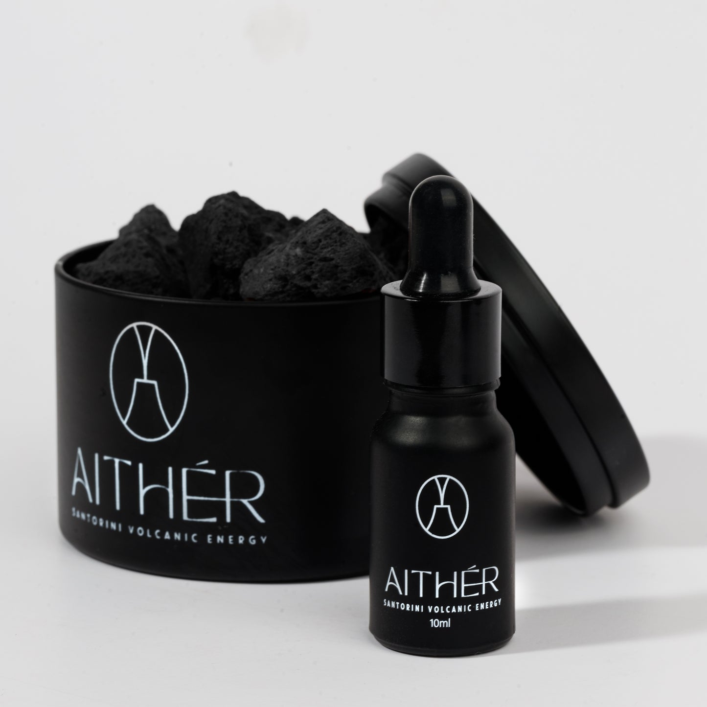 Black lava stone diffuser set from Santorini in metal vessel