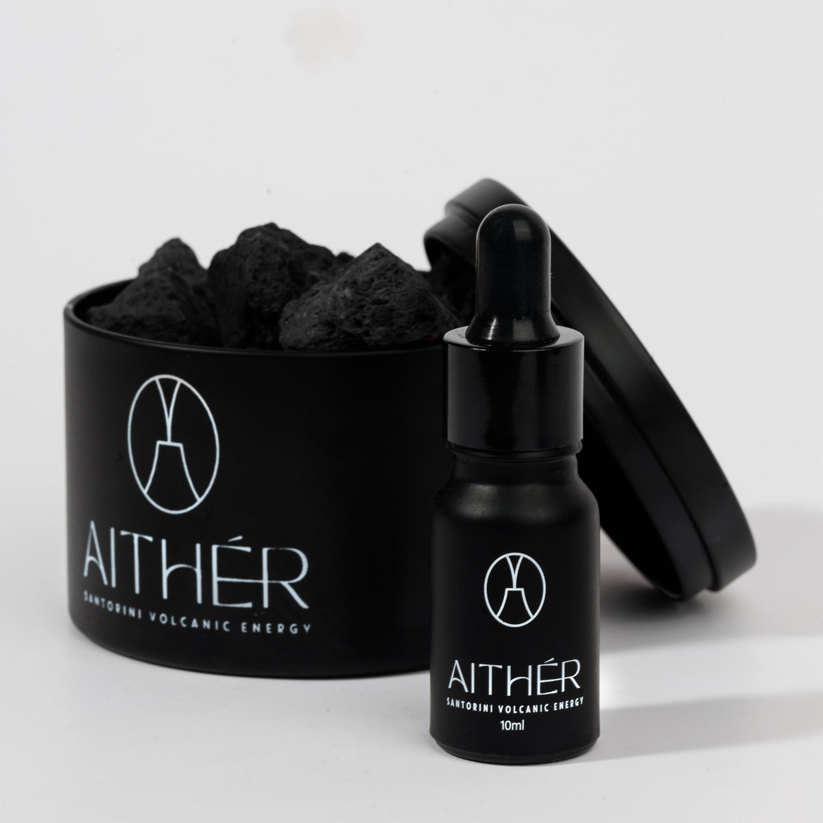 Black lava stone diffuser set from Santorini in metal vessel