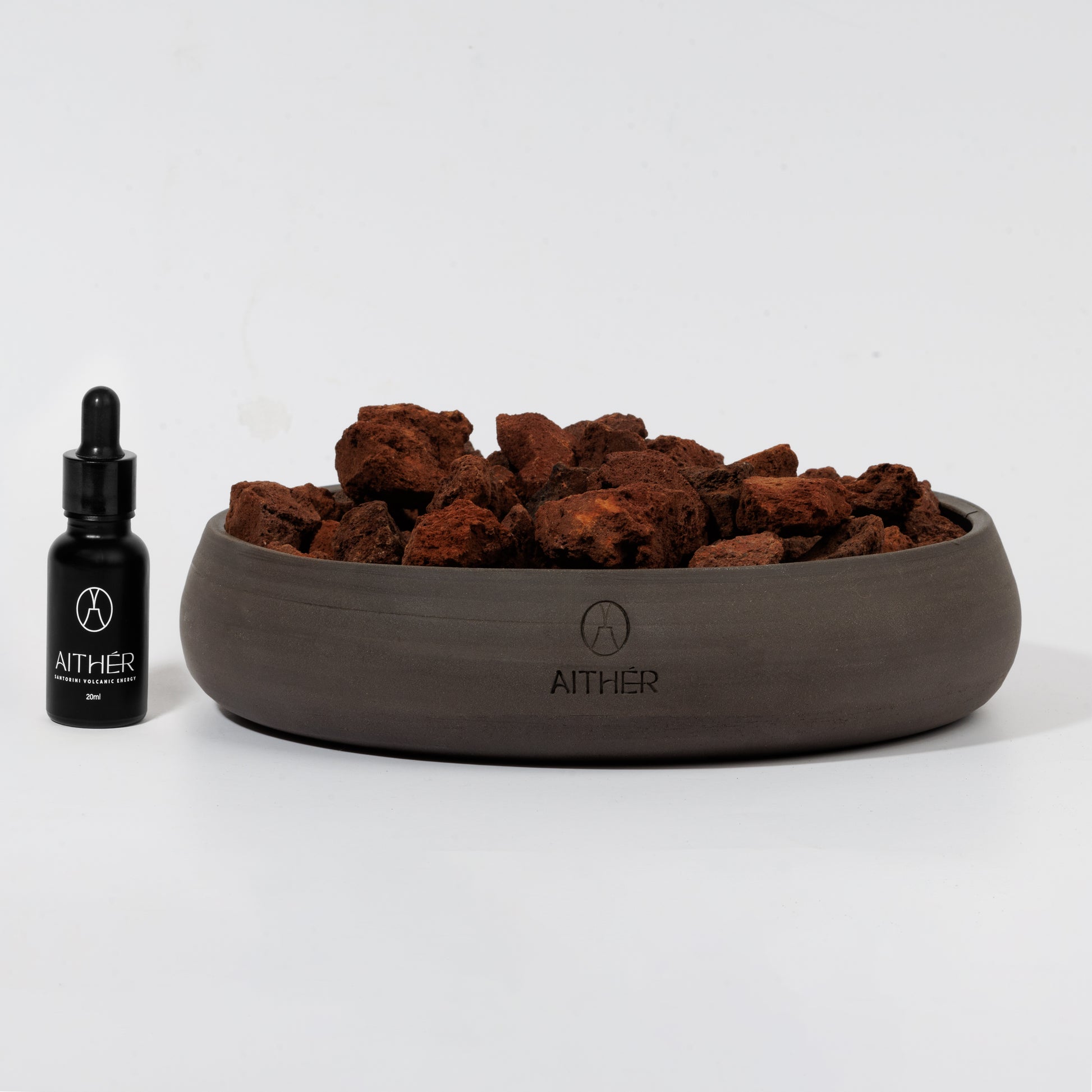 Ceramic bowl red volcanic stones mineral diffuser by Aither Santorini