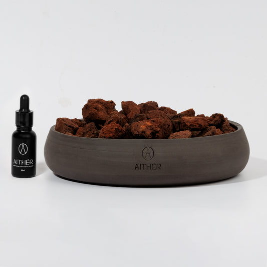 Ceramic bowl red volcanic stones mineral diffuser by Aither Santorini