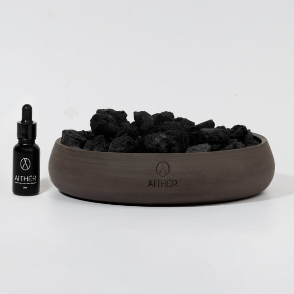 Ceramic bowl black volcanic stones mineral diffuser by Aither Santorini